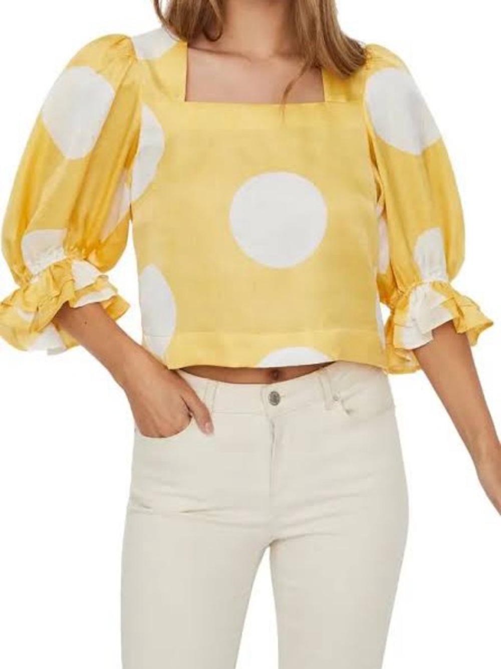 Vero Moda Yellow & White Polka Dot Puff Sleeve Crop Top - Picture 1 of 6
